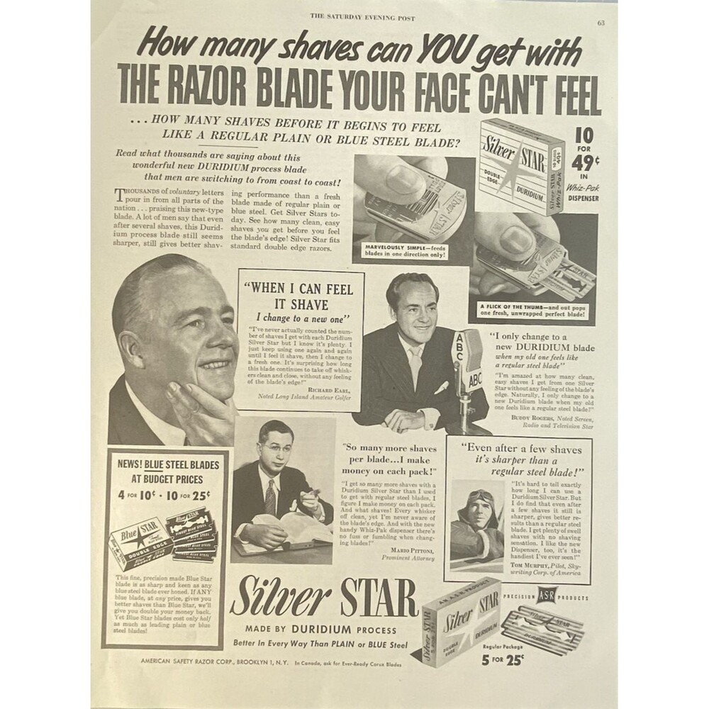 Silver Star Razor Blades "How Many Shaves Until Its Feels Normal" Print Ad 1950